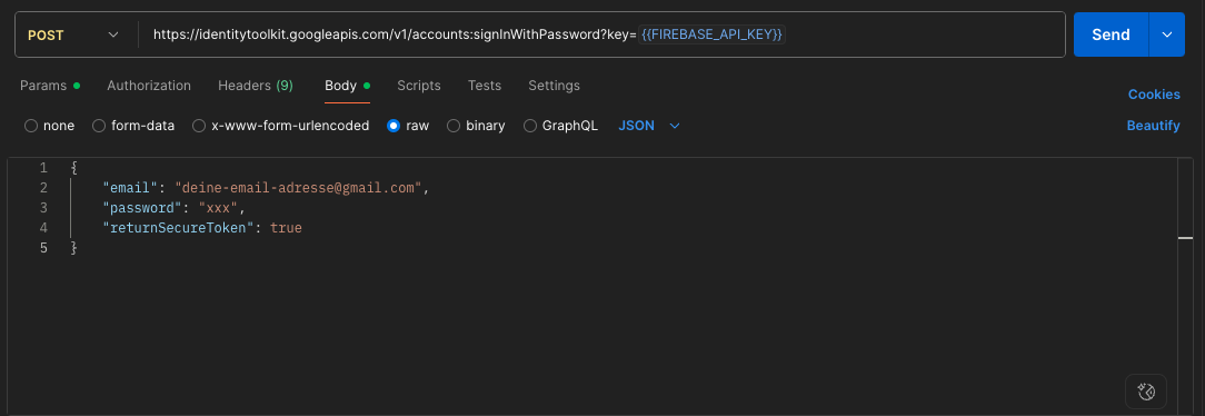 Postman request to retrieve the Bearer token from Firebase